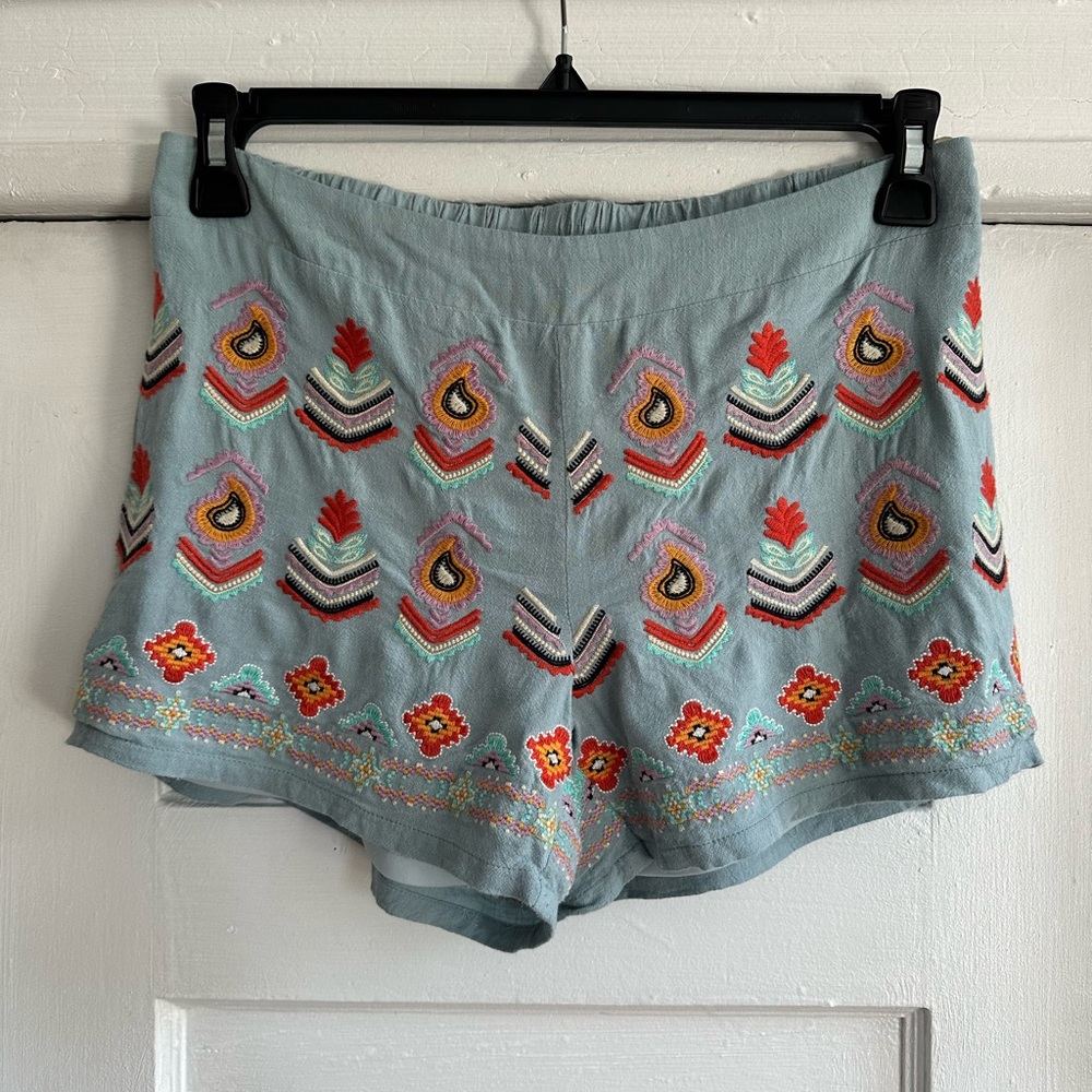 Embroidered Blue Boho Shorts